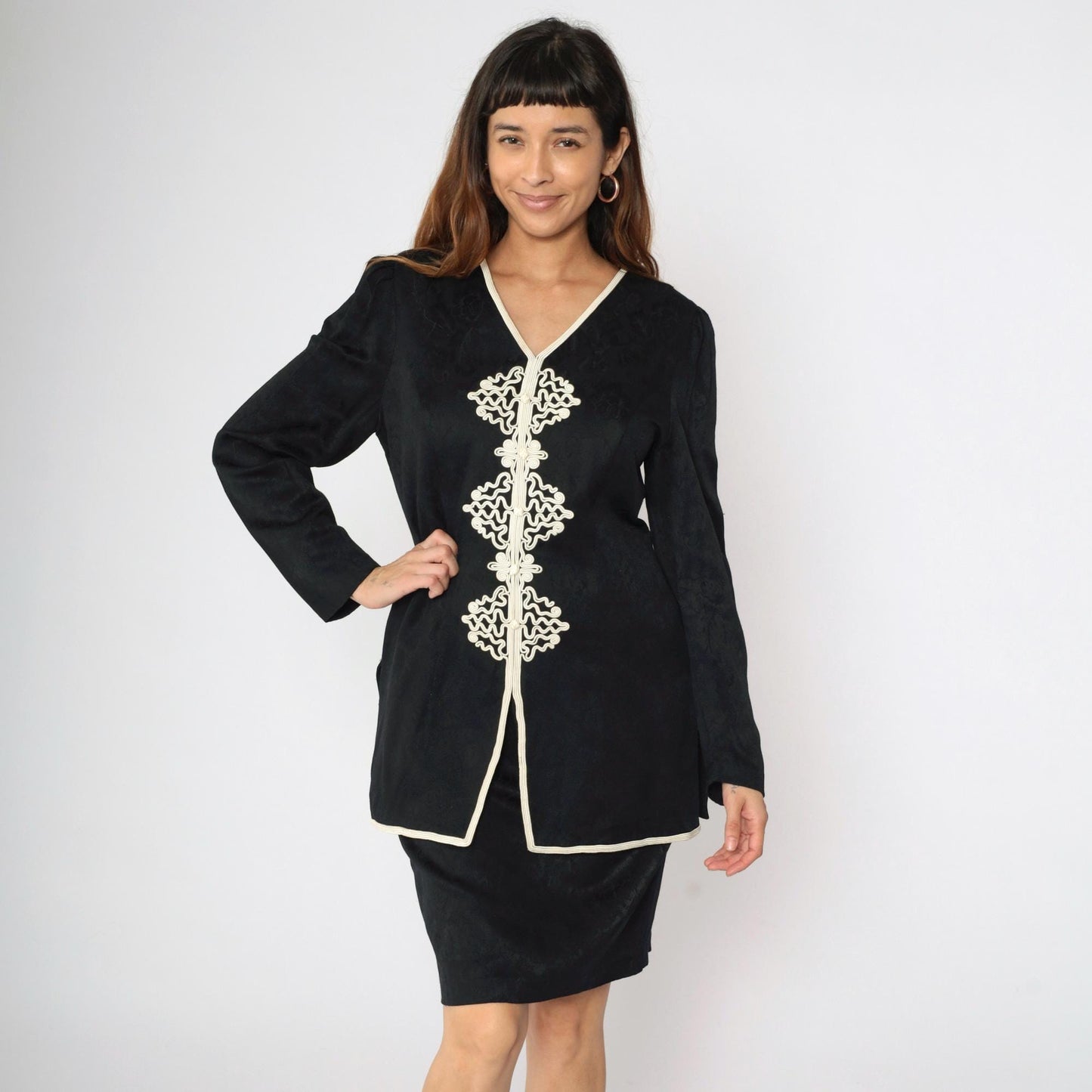 90s Black Mini Dress with Soutache Trim and Attached Jacket Small 6