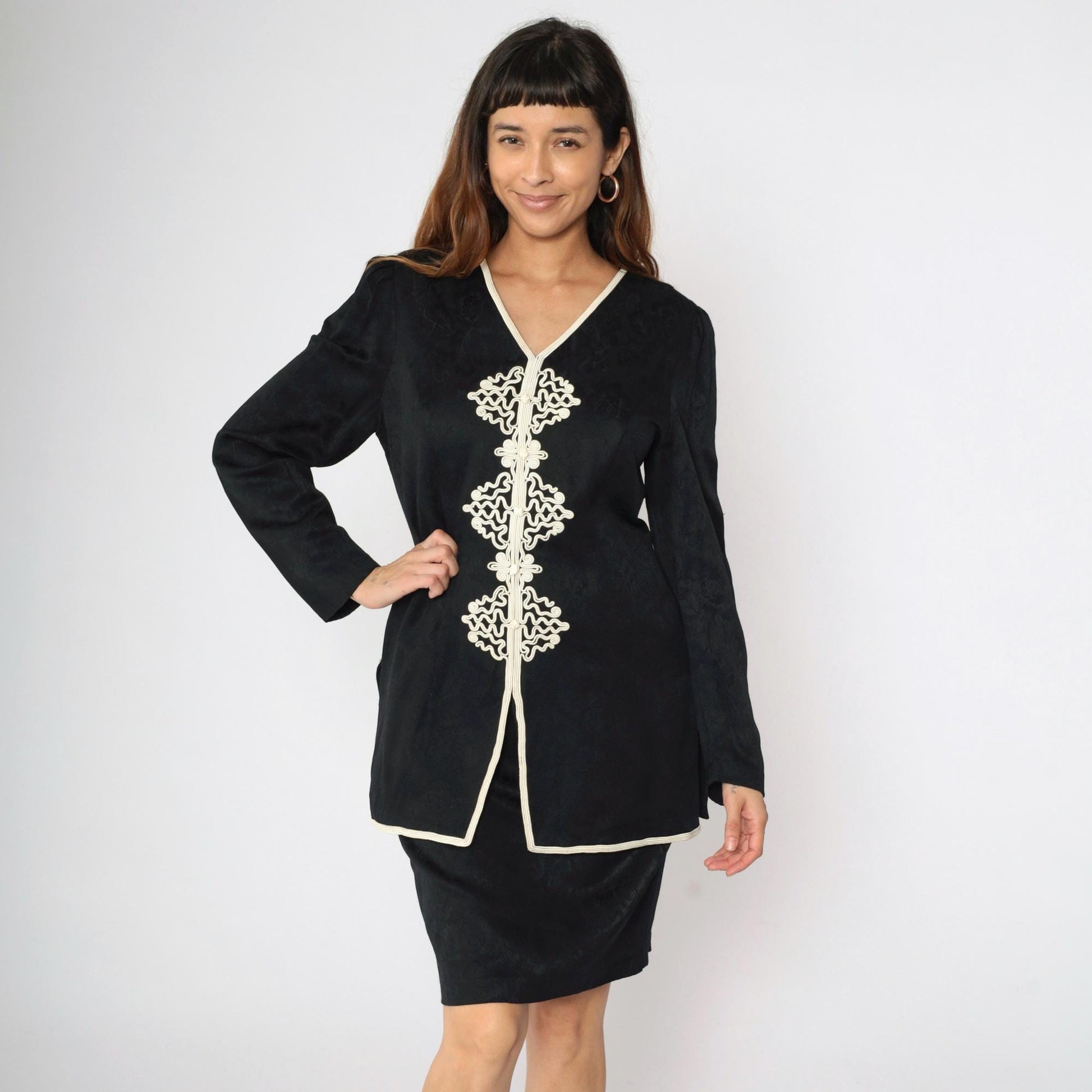 90s Black Mini Dress with Soutache Trim and Attached Jacket Small 6