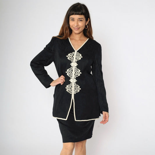 90s Black Mini Dress with Soutache Trim and Attached Jacket Small 6