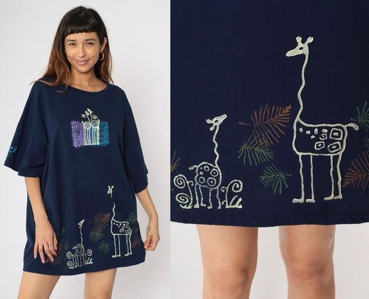 90s Giraffe Print T-Shirt Dress Navy Blue Graphic Mini Plus Size XXL