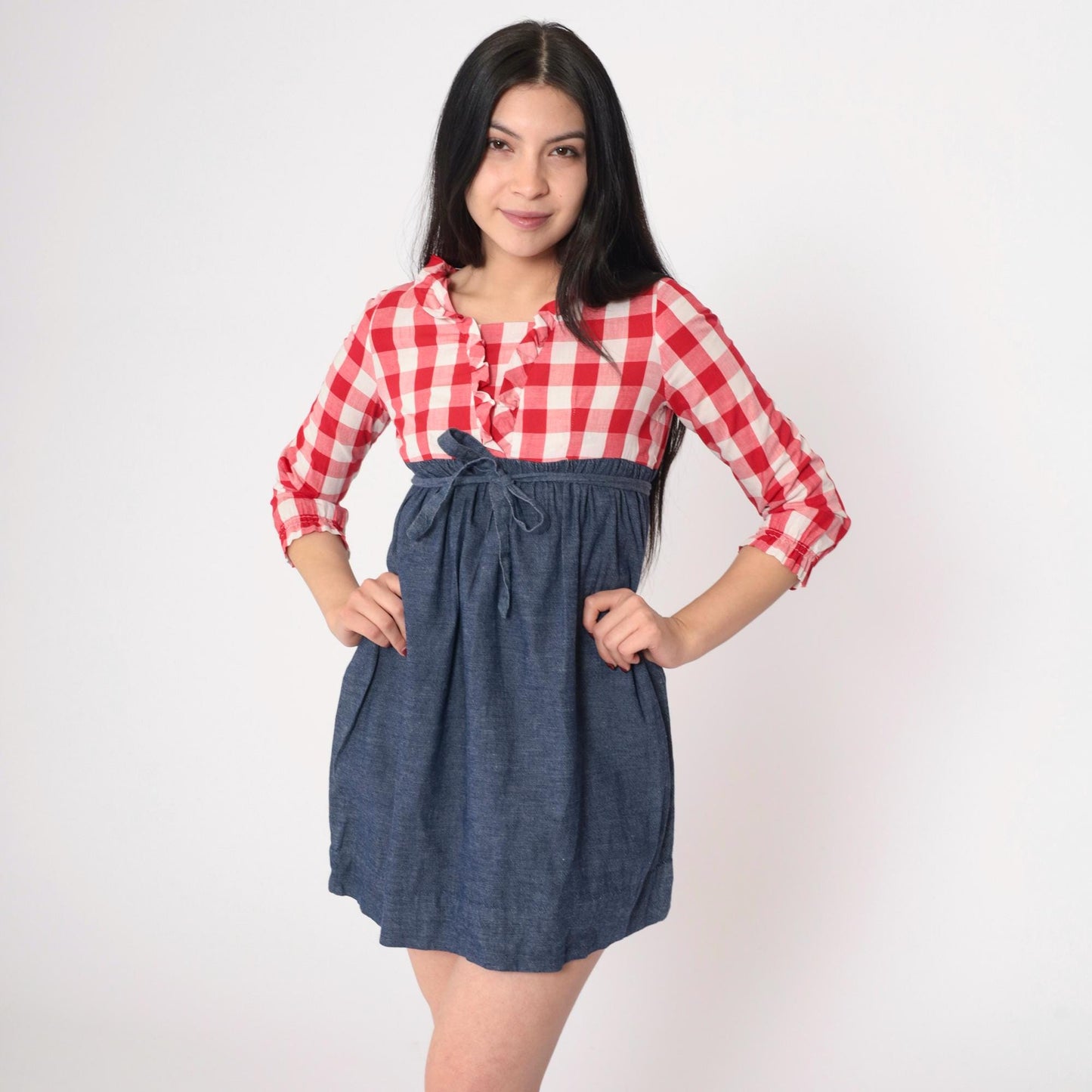70s Babydoll Mini Dress Red Buffalo Plaid Empire Waist Ruffled Neckline XS