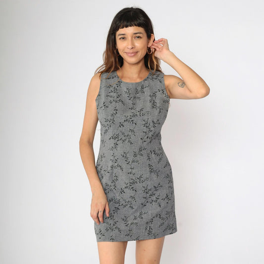 90s Grey Floral Glitter Mini Sheath Dress Sleeveless Round Neck Medium