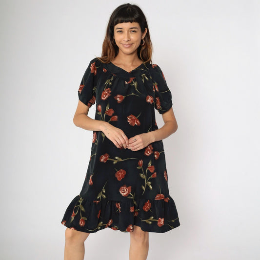 90s Black Floral Mini Dress Puff Sleeve A-Line Red Rose Print Medium