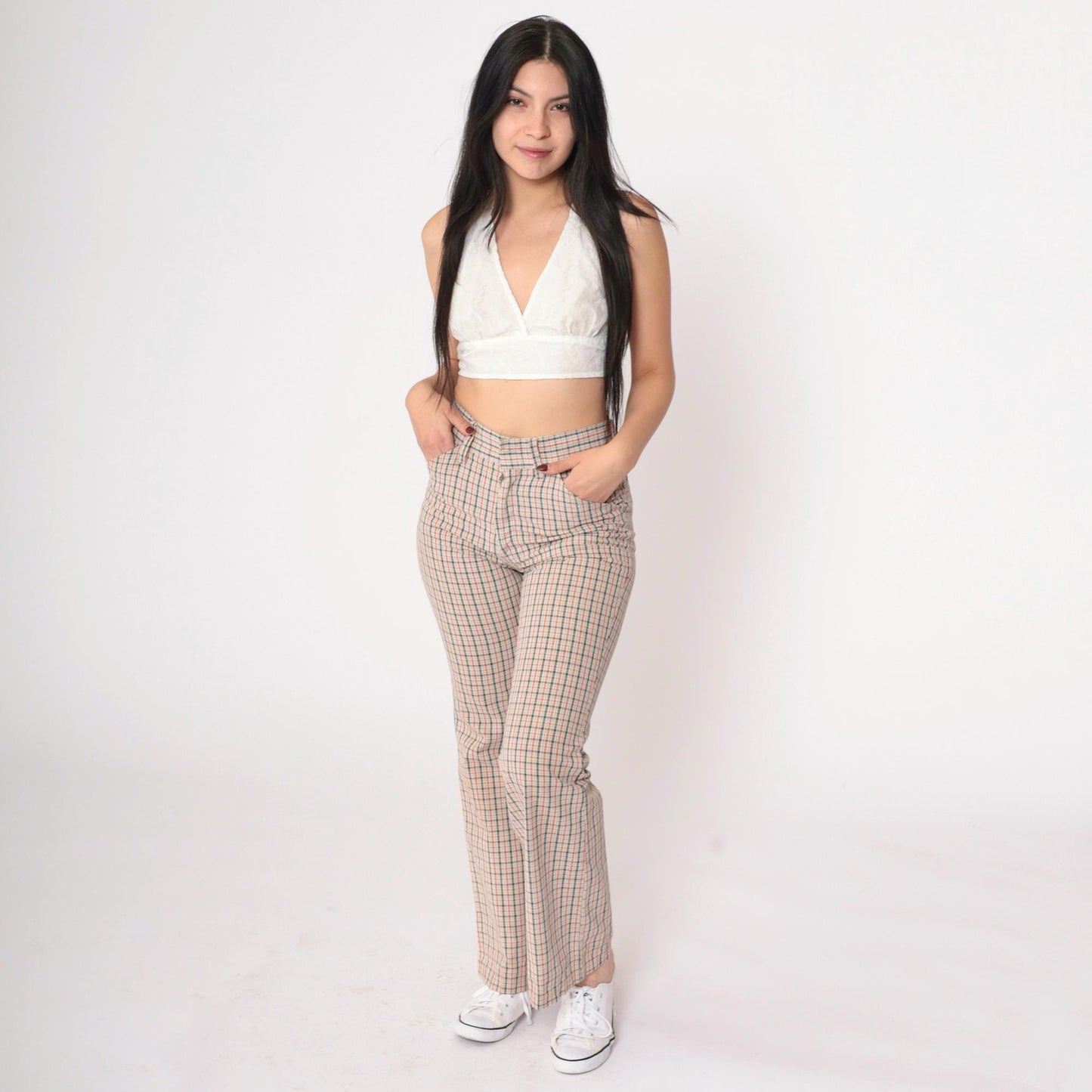 70s Plaid High-Waisted Flared Trousers Beige Red Navy Checkered Small