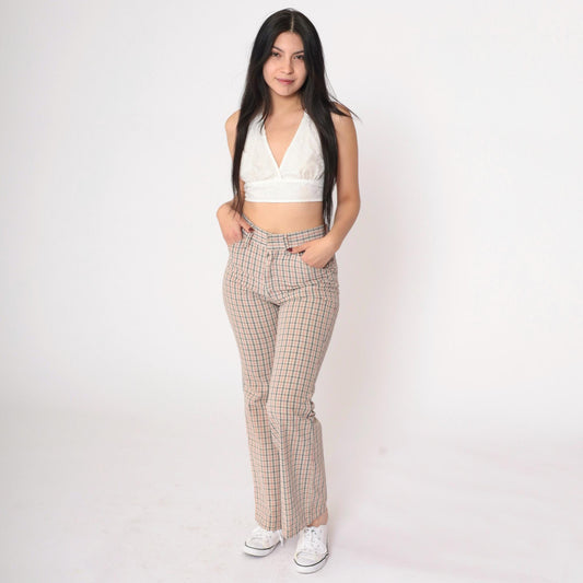 70s Plaid High-Waisted Flared Trousers Beige Red Navy Checkered Small