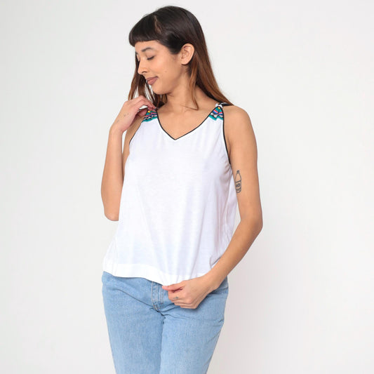 90s Tail Tank Top White Multicolor Striped V-Neck Athletic Medium Large