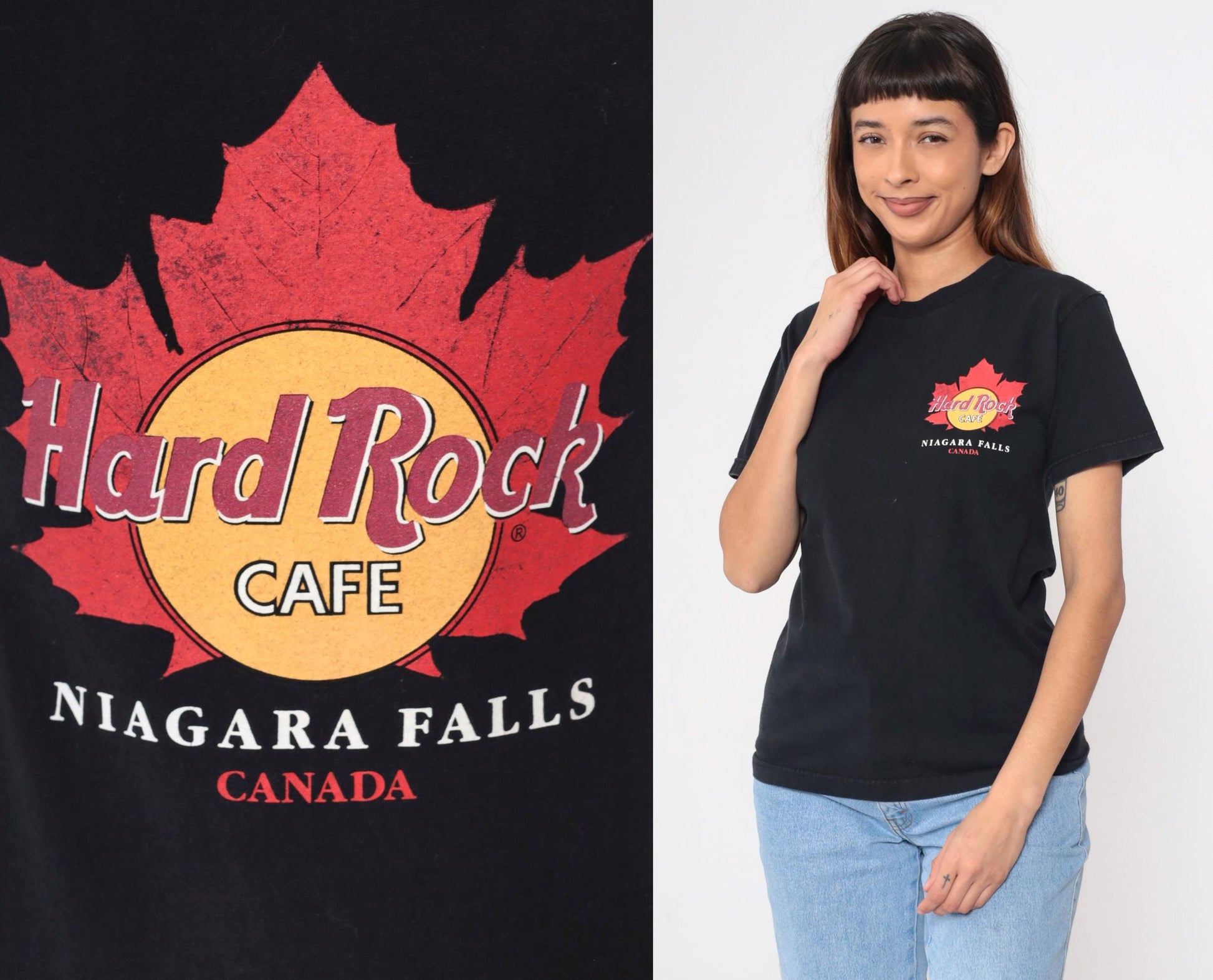90s Hard Rock Cafe Niagara Falls Maple Leaf Graphic T-Shirt Black Small
