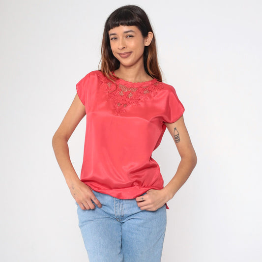 90s Coral Satin Blouse Floral Embroidered Cutwork Short Sleeve Medium