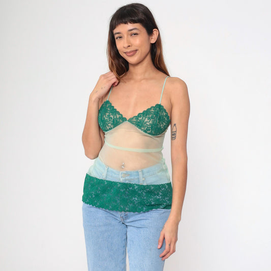 Y2K Mint Green Lace Cami Top Sheer Mesh Spaghetti Strap Lingerie Extra Small