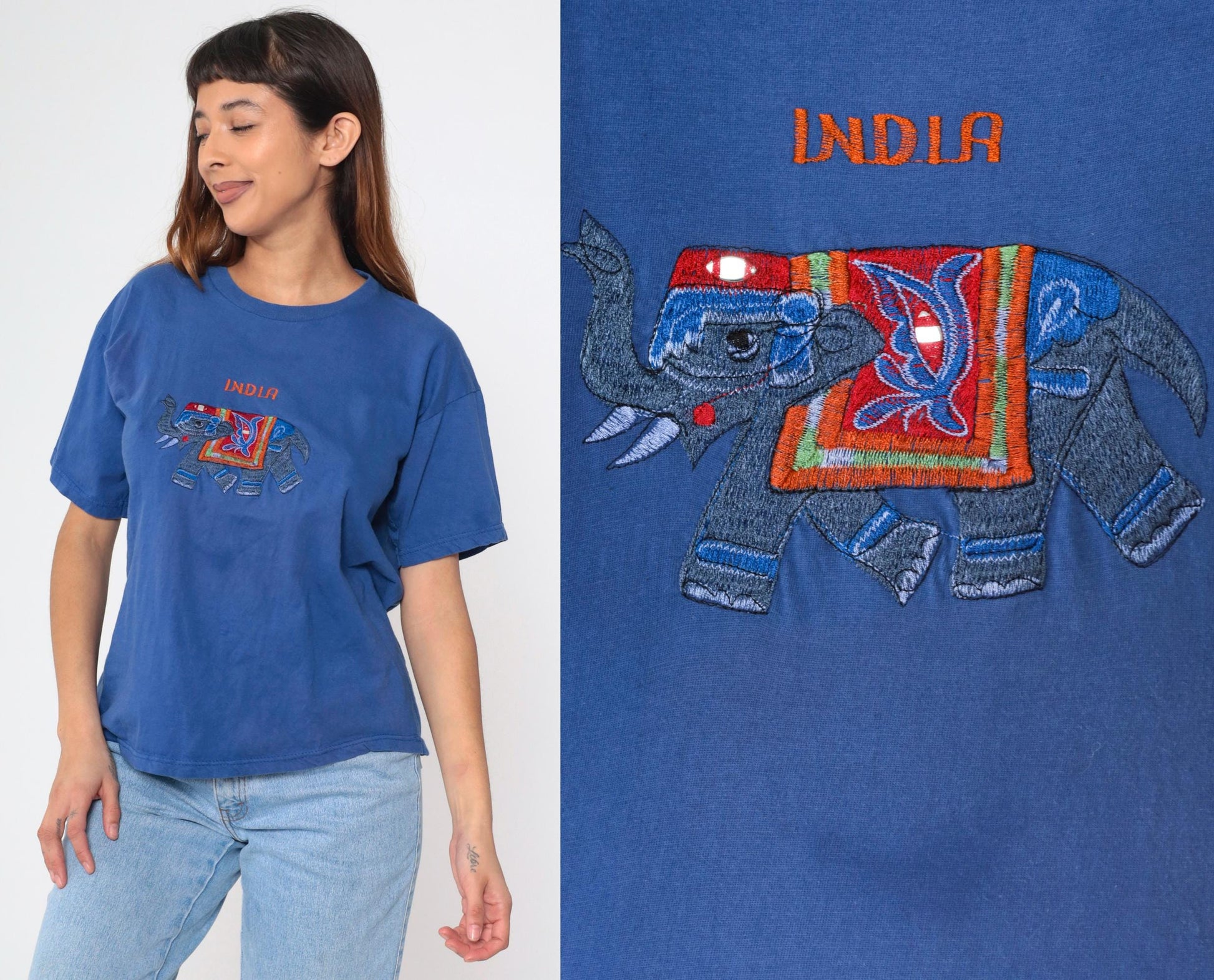 Y2K India Elephant Embroidered T-Shirt Blue Mirrored Graphic Tee Medium Large