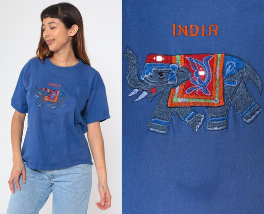 Y2K India Elephant Embroidered T-Shirt Blue Mirrored Graphic Tee Medium Large