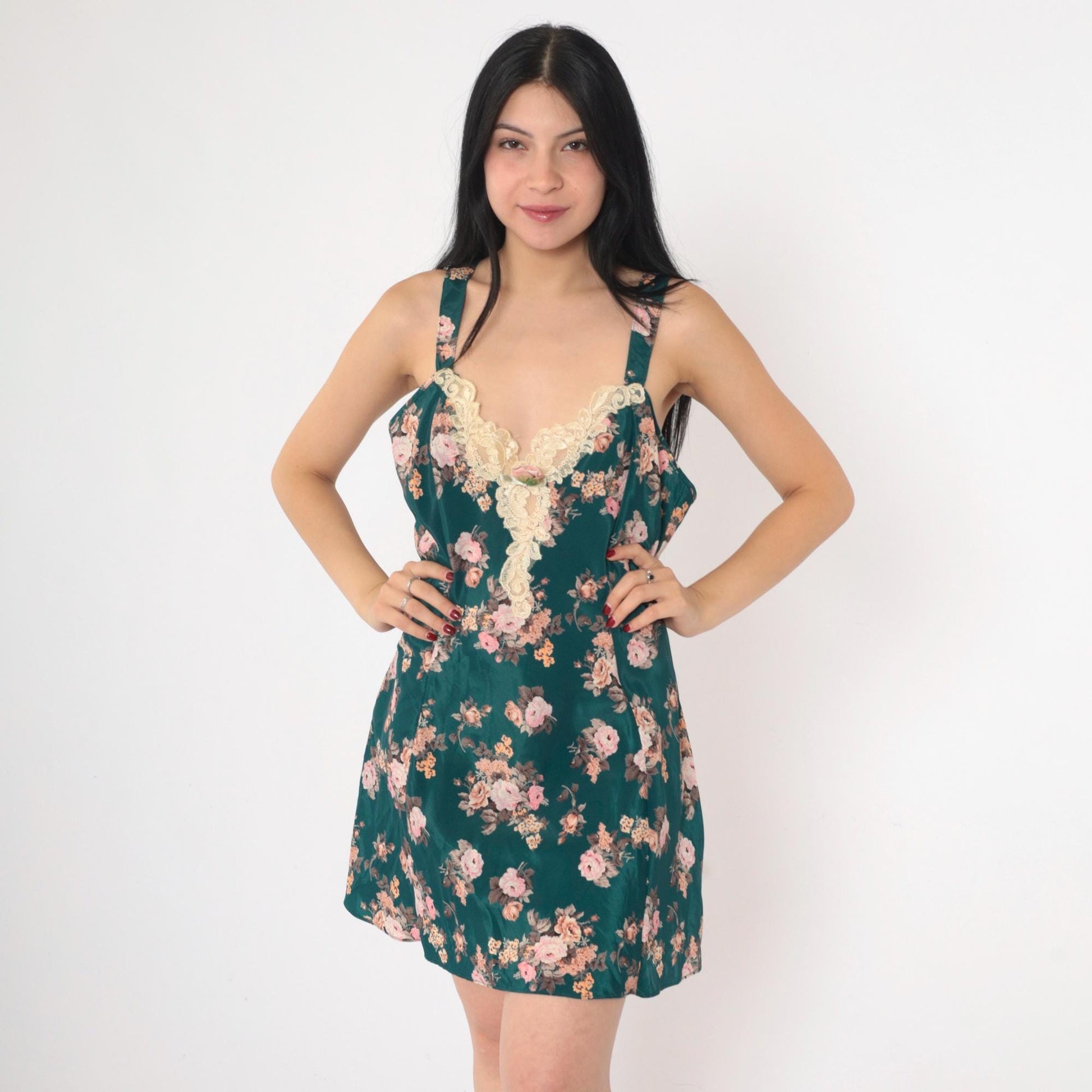 90s Green Floral Satin Slip Dress Pink Rosette Lace Trim Mini V-Neck Medium