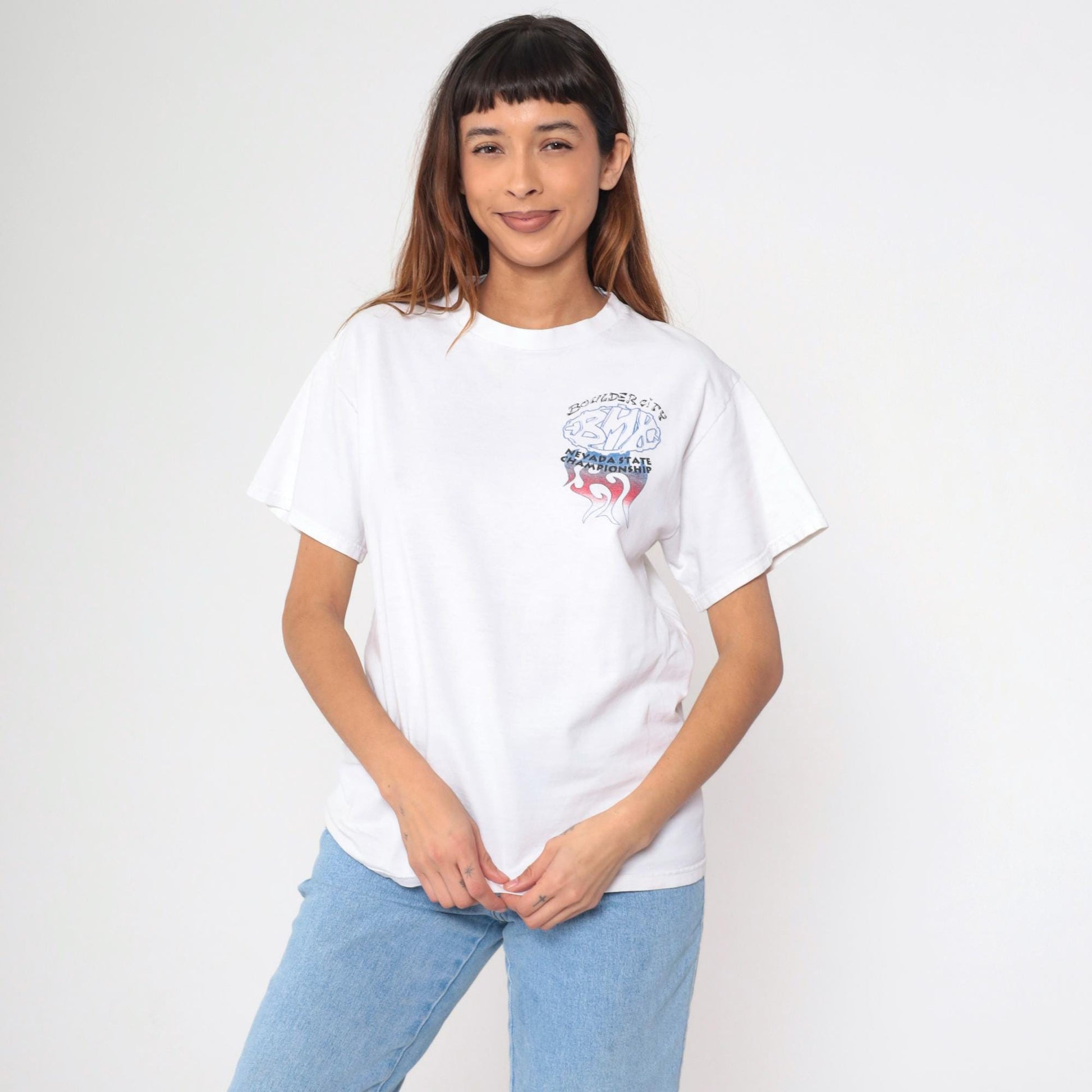90s Boulder City BMX Nevada Championship T-Shirt White Flames Graphic Small