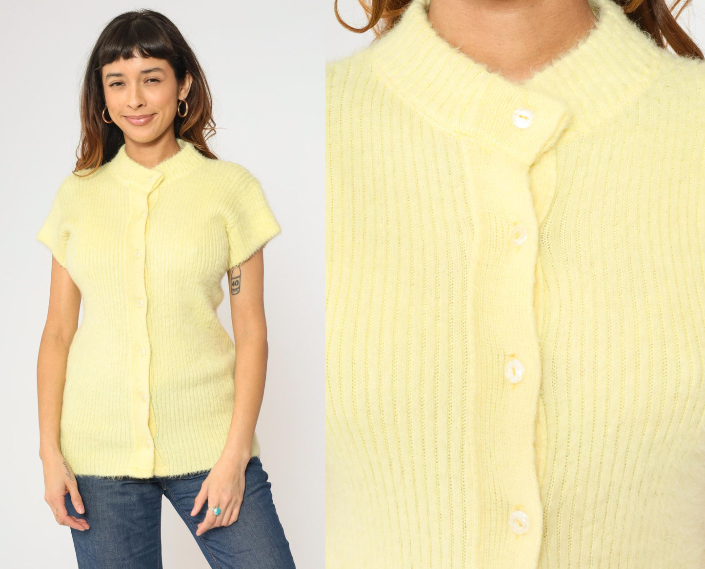 60s Light Yellow Fuzzy Knit Cardigan Short Sleeve Button Up Small S