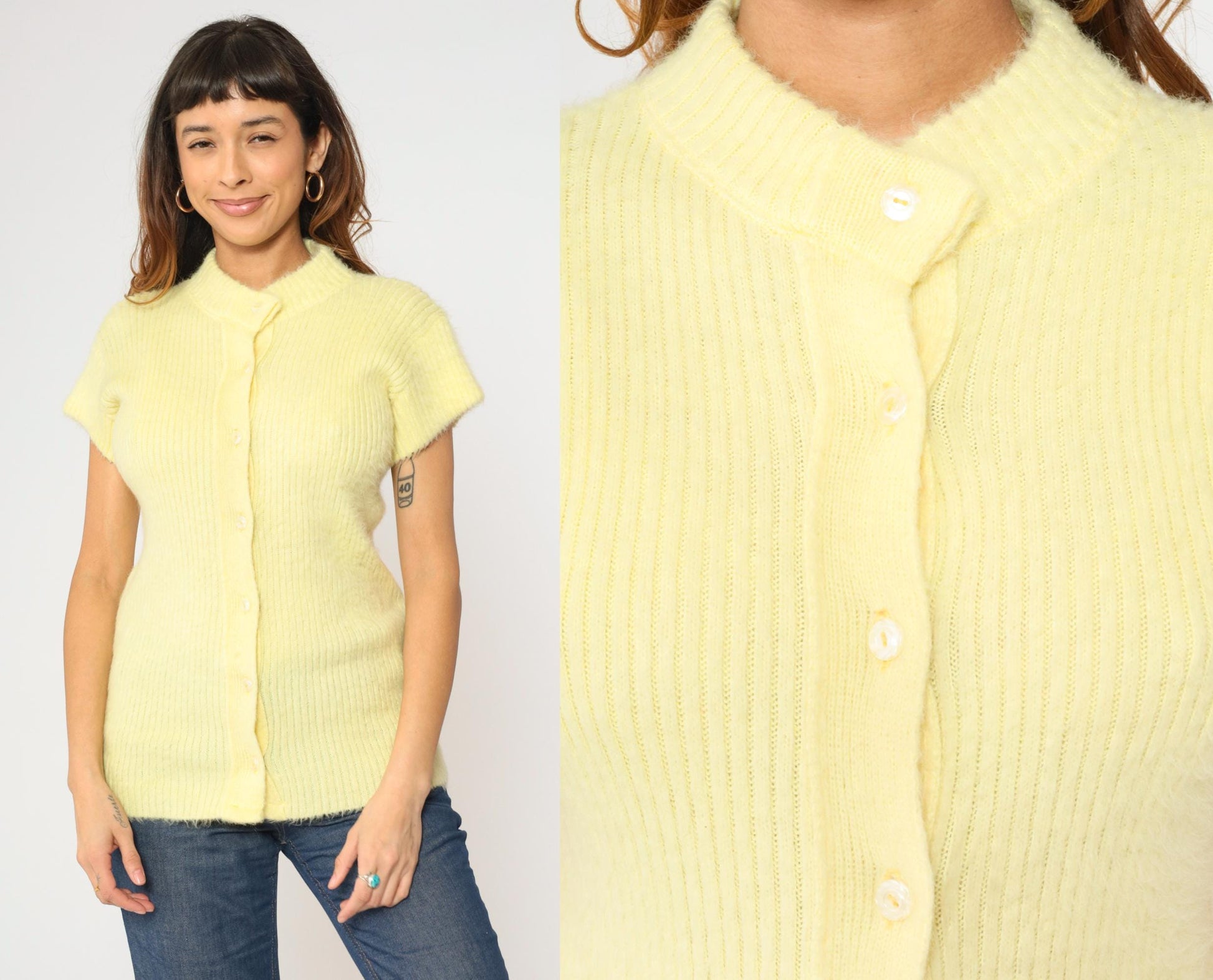 60s Light Yellow Fuzzy Knit Cardigan Short Sleeve Button Up Small S