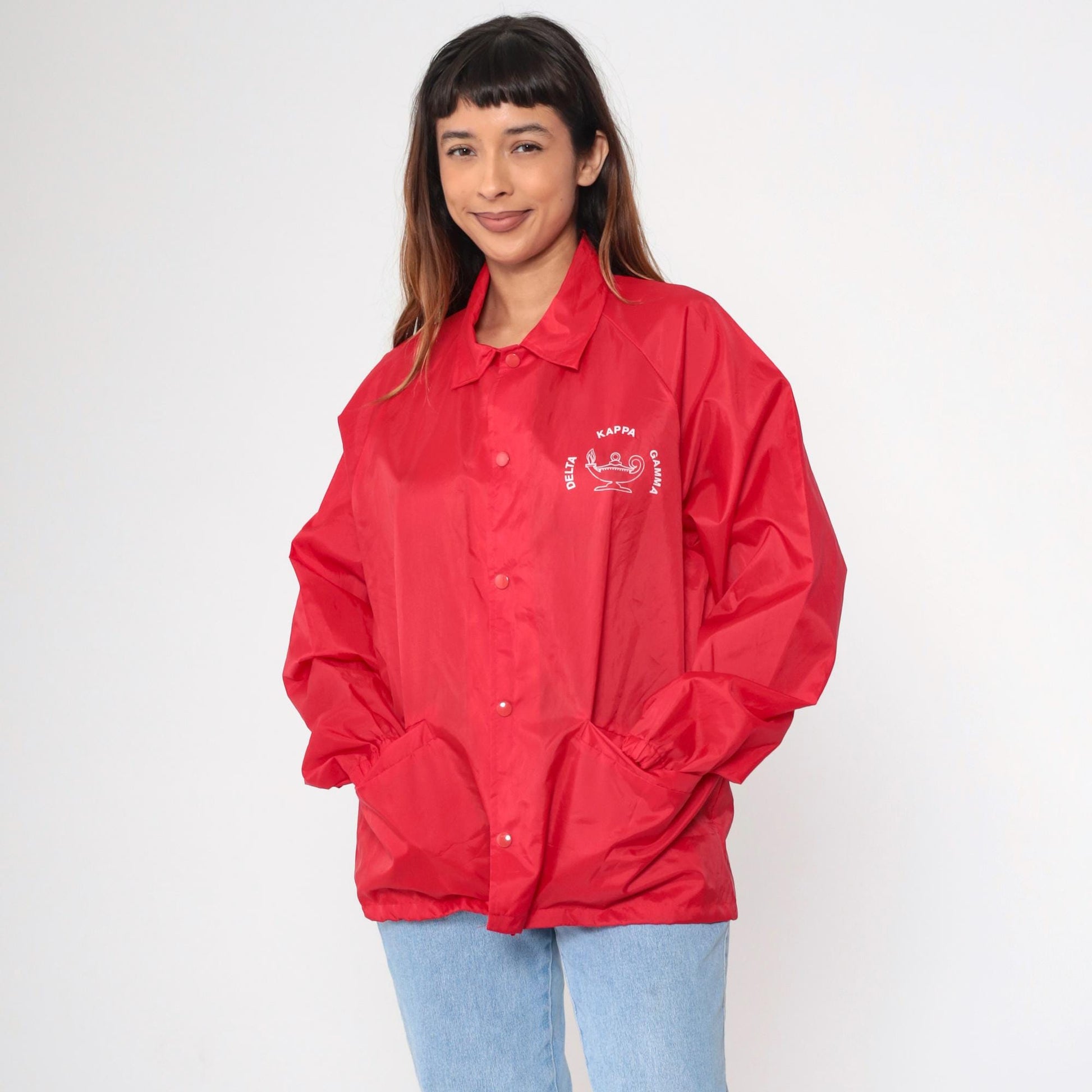 80s Delta Kappa Gamma Red Windbreaker Jacket Snap-Up Raglan Large