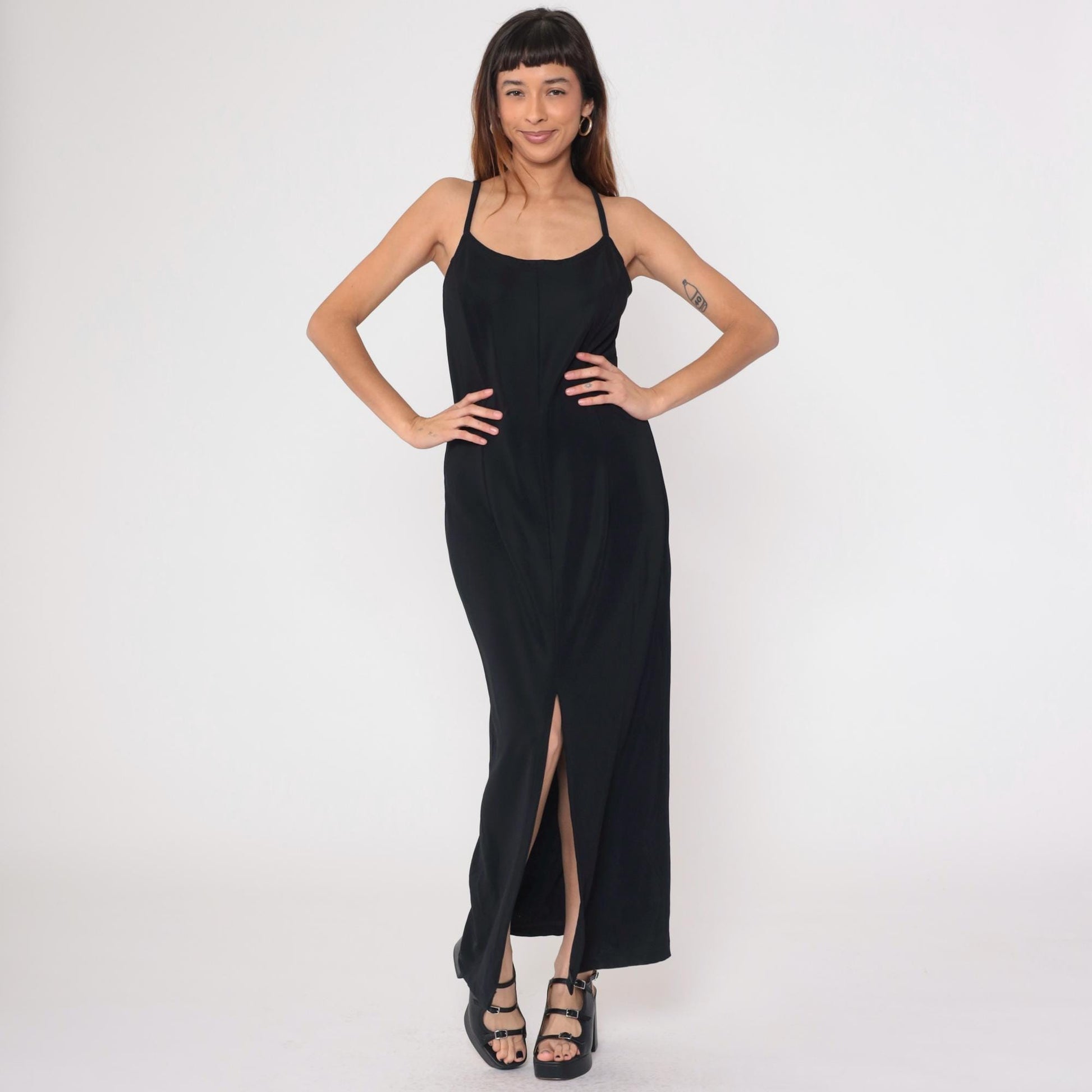 90s Scott McClintock Black Maxi Dress Spaghetti Strap Low Back Slit Medium