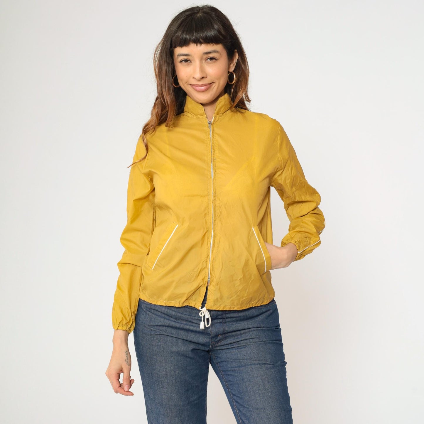 70s Mustard Yellow Windbreaker Jacket Zip Up White Trim Extra Small