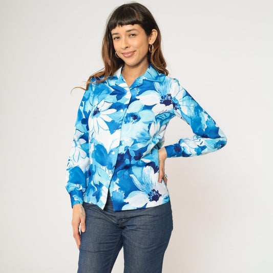 70s Kamehameha Floral Button-Up Blouse Blue White Long Sleeve Small