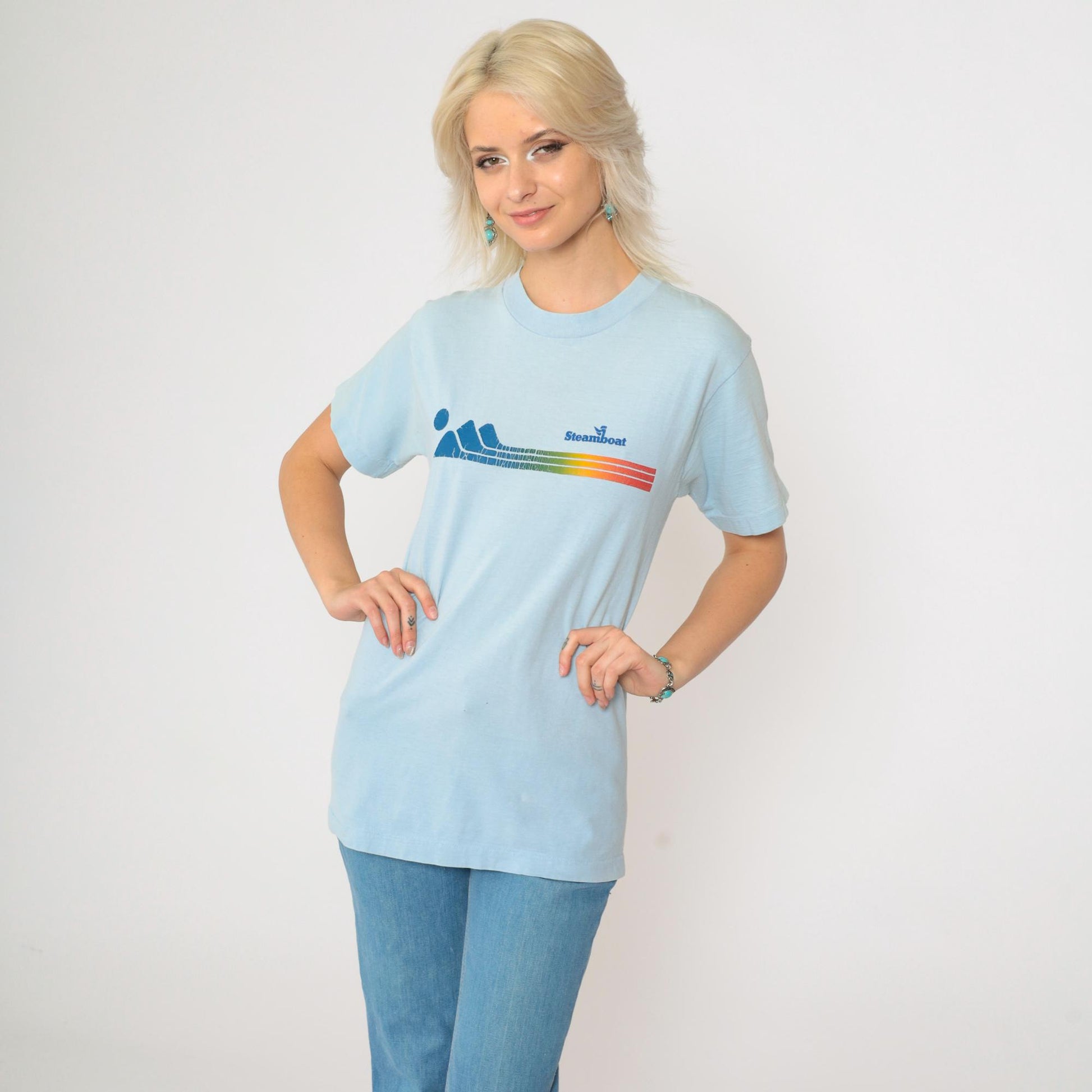 80s Steamboat Colorado Graphic T-Shirt Baby Blue Single Stitch Small