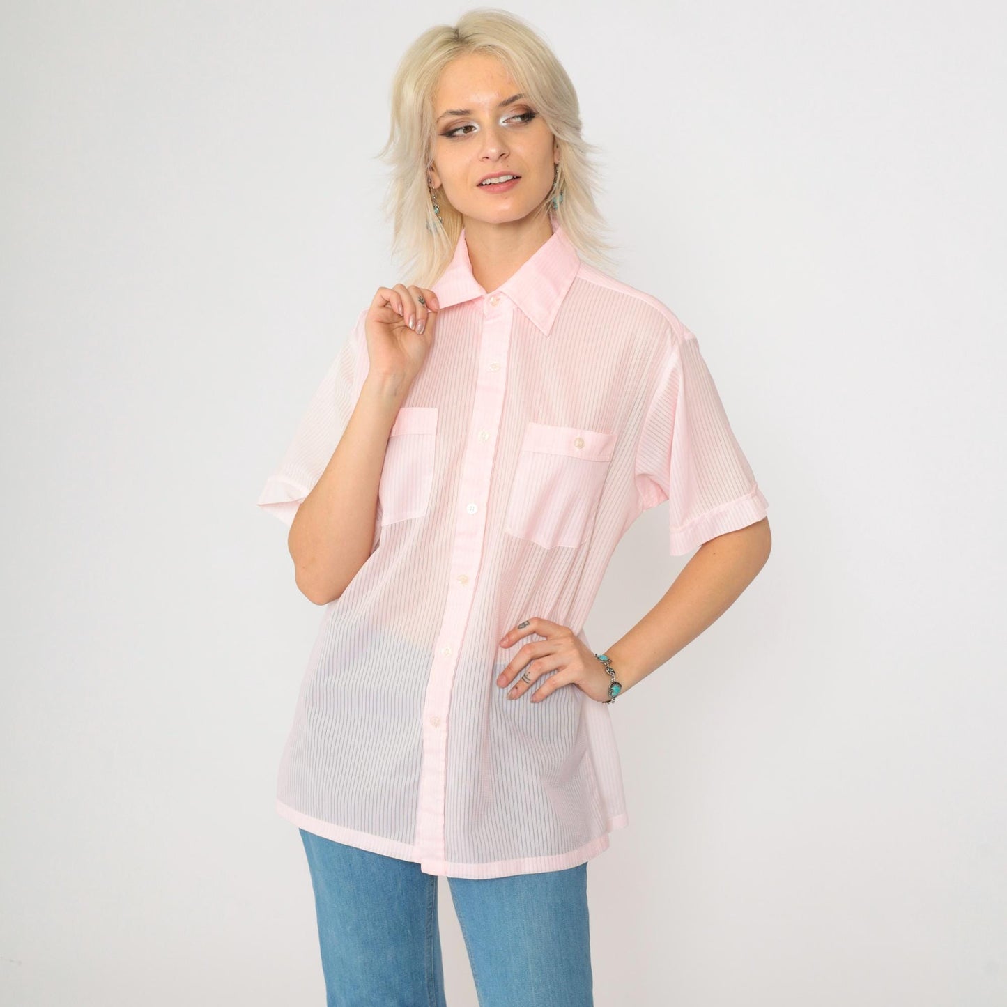 70s Sea-Aire Baby Pink Striped Button-Up Shirt Short Sleeve Men's Medium