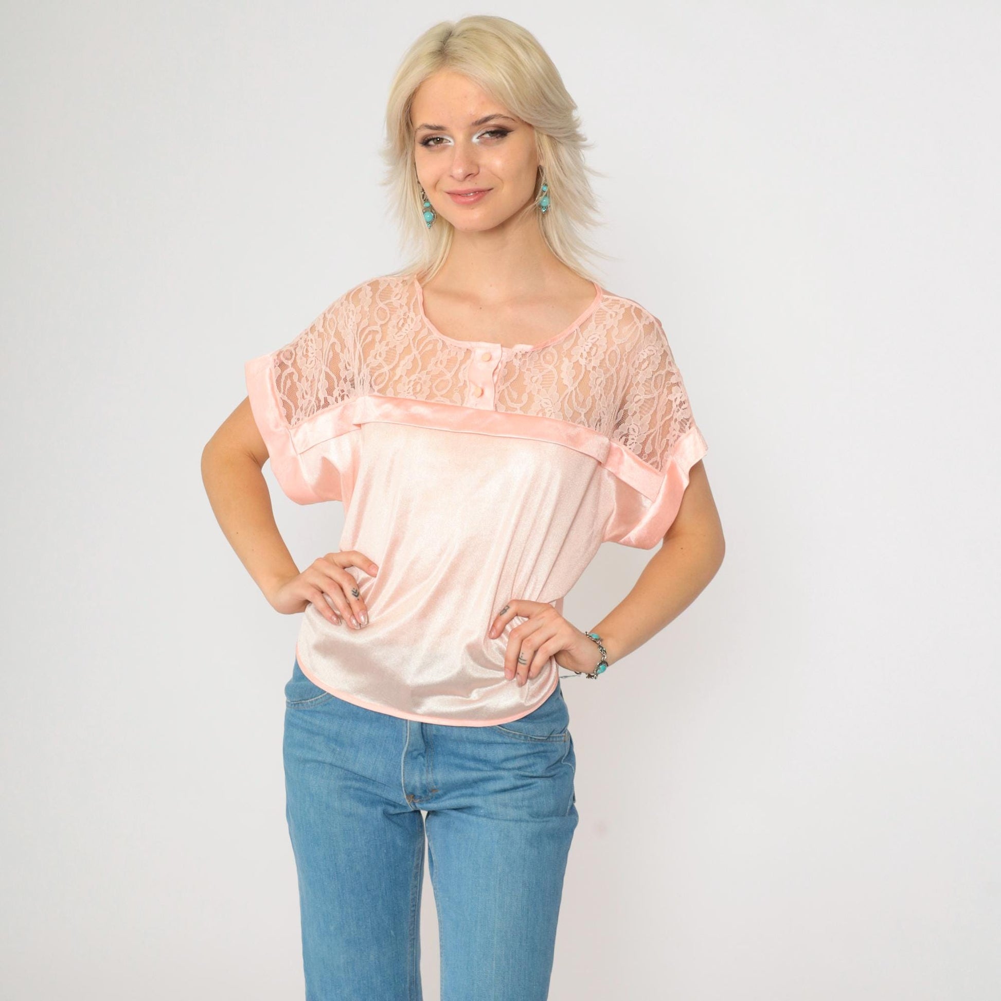 80s Baby Pink Nylon Lingerie Pajama Top Lace Button-Up Sleep Shirt Medium