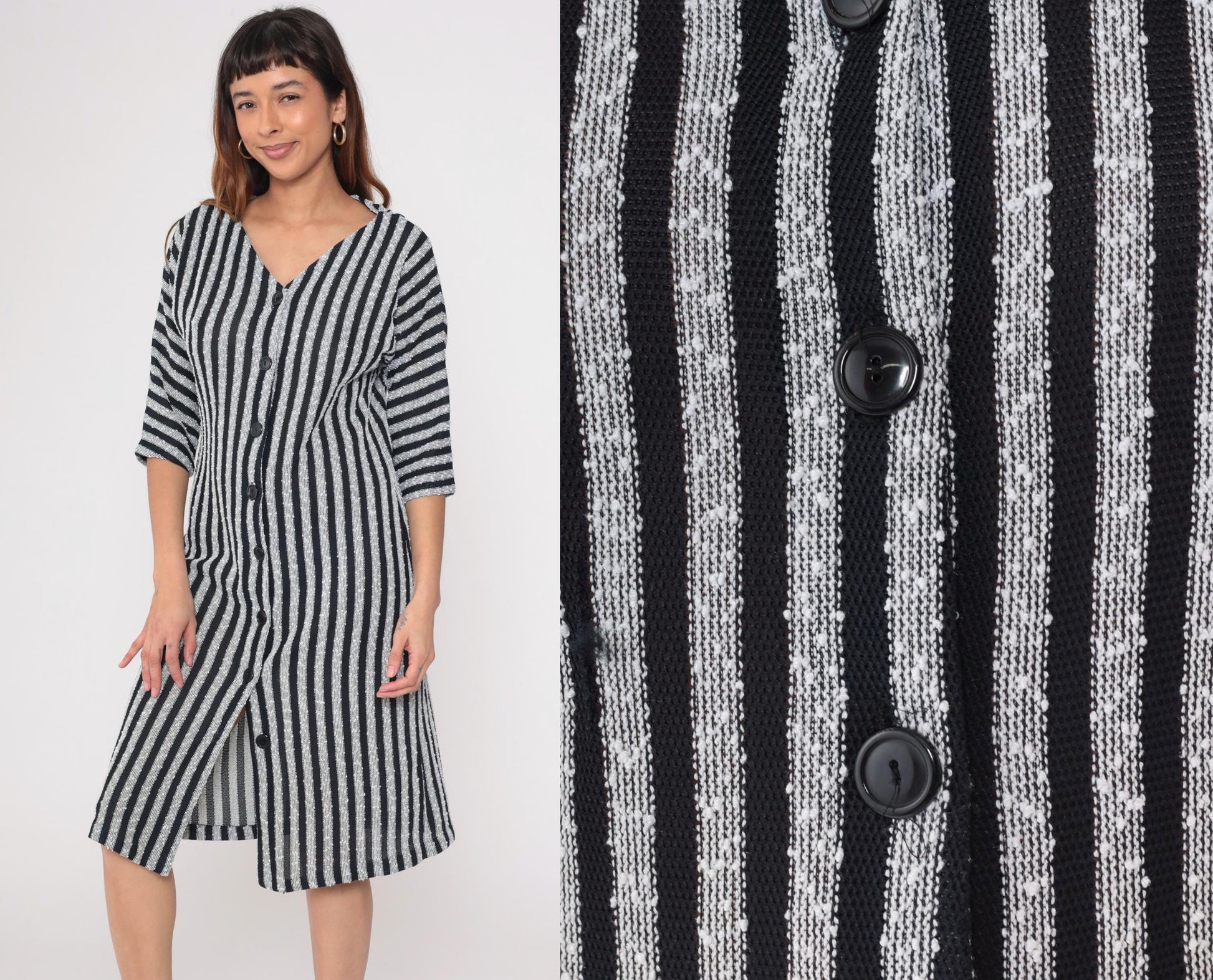 90s Black White Striped Knit Midi Shirtdress Dolman Sleeve V Neck Medium