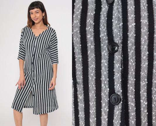 90s Black White Striped Knit Midi Shirtdress Dolman Sleeve V Neck Medium