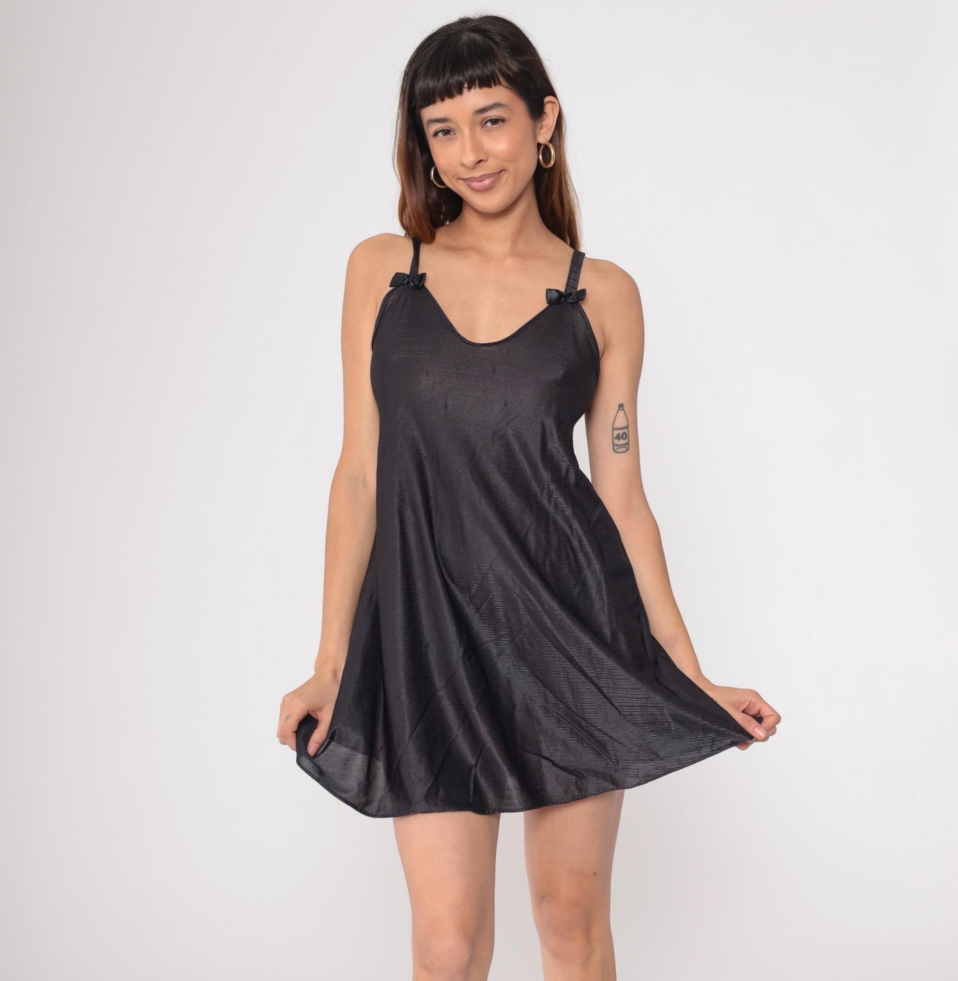 90s Black Slip Dress Spaghetti Strap Bow Mini Nightgown Small