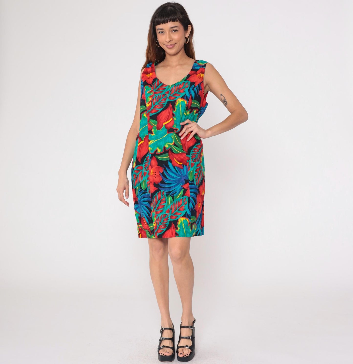 90s Black Tropical Floral Shift Dress Knee Length Sleeveless Large L