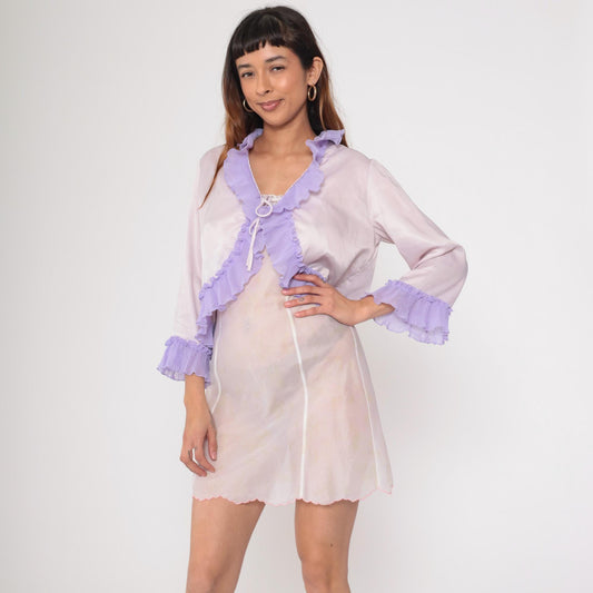 90s Mary McFadden Bed Jacket Pale Pink Lavender Ruffled Tie Front Small