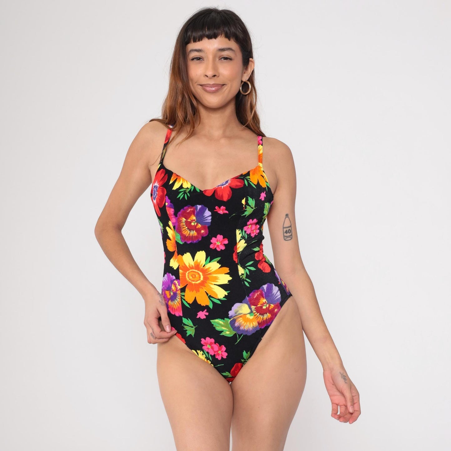 90s Floral One-Piece Swimsuit Black Scoop Back Tropical Print Small Medium
