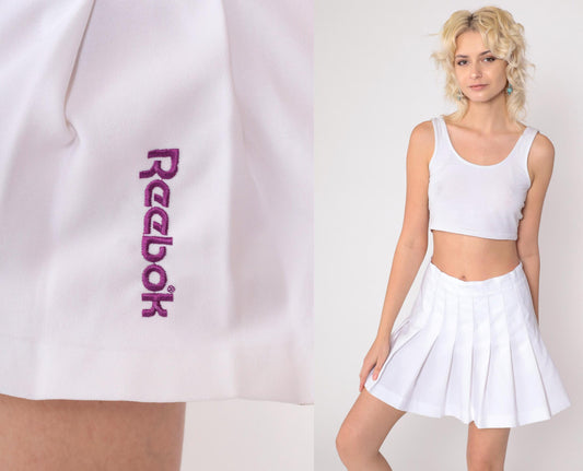 90s Reebok White Pleated Mini Skirt High Waist Side Zip Small