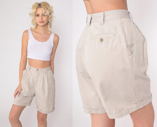 Eddie Bauer 90s Khaki Pleated Cotton Shorts High Rise Small 6
