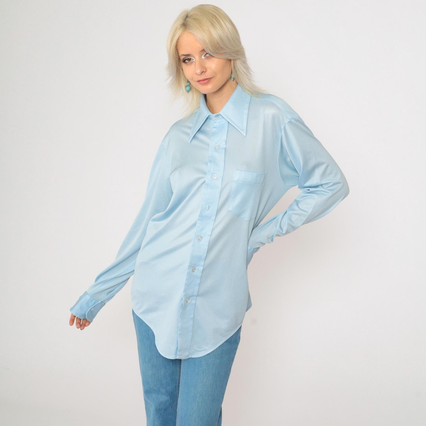 70s Baby Blue Dagger Collar Button-Up Shirt Disco Oxford Long Sleeve Medium