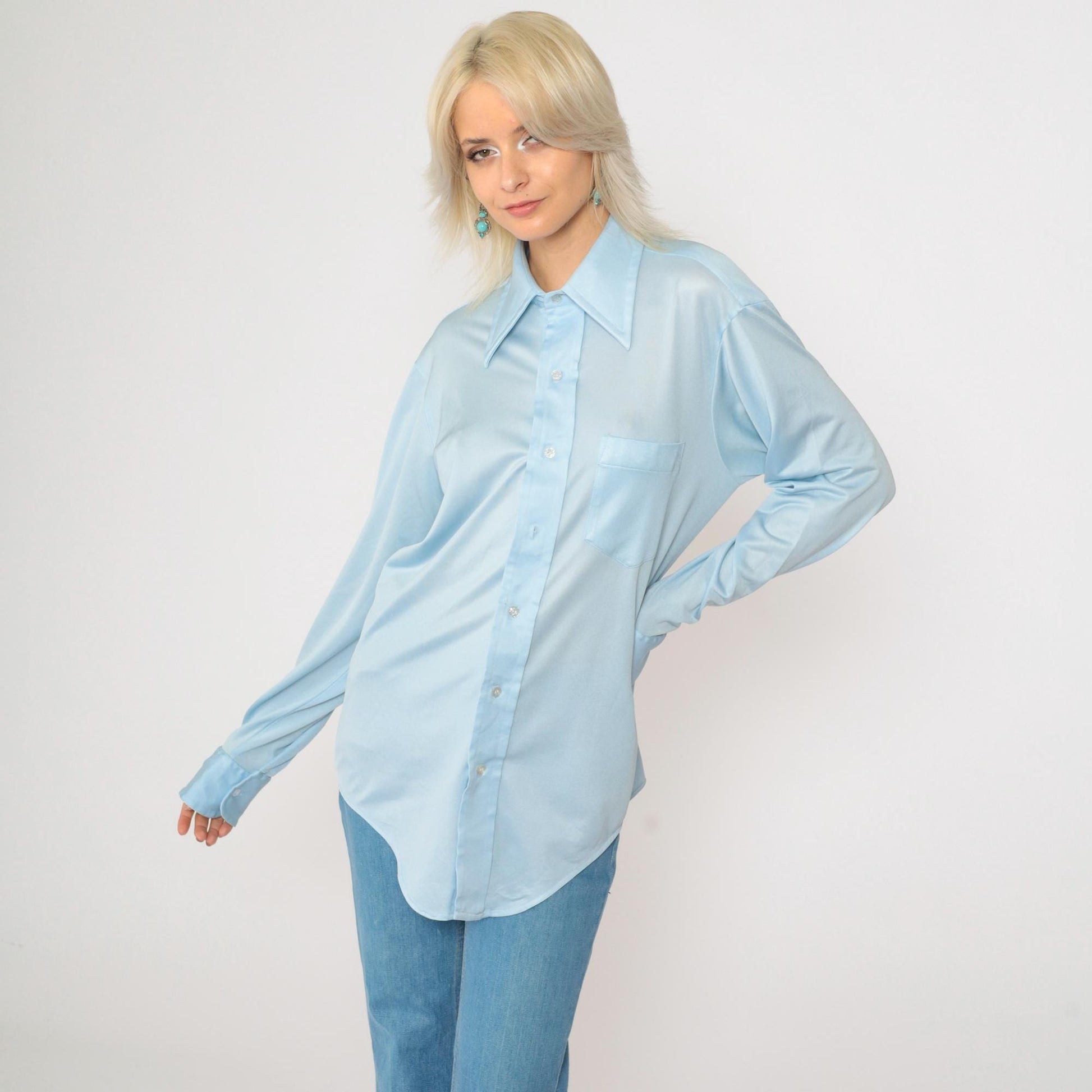 70s Baby Blue Dagger Collar Button-Up Shirt Disco Oxford Long Sleeve Medium