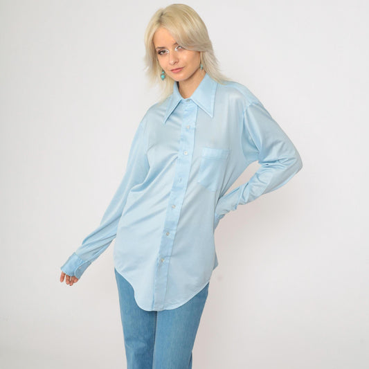 70s Baby Blue Dagger Collar Button-Up Shirt Disco Oxford Long Sleeve Medium