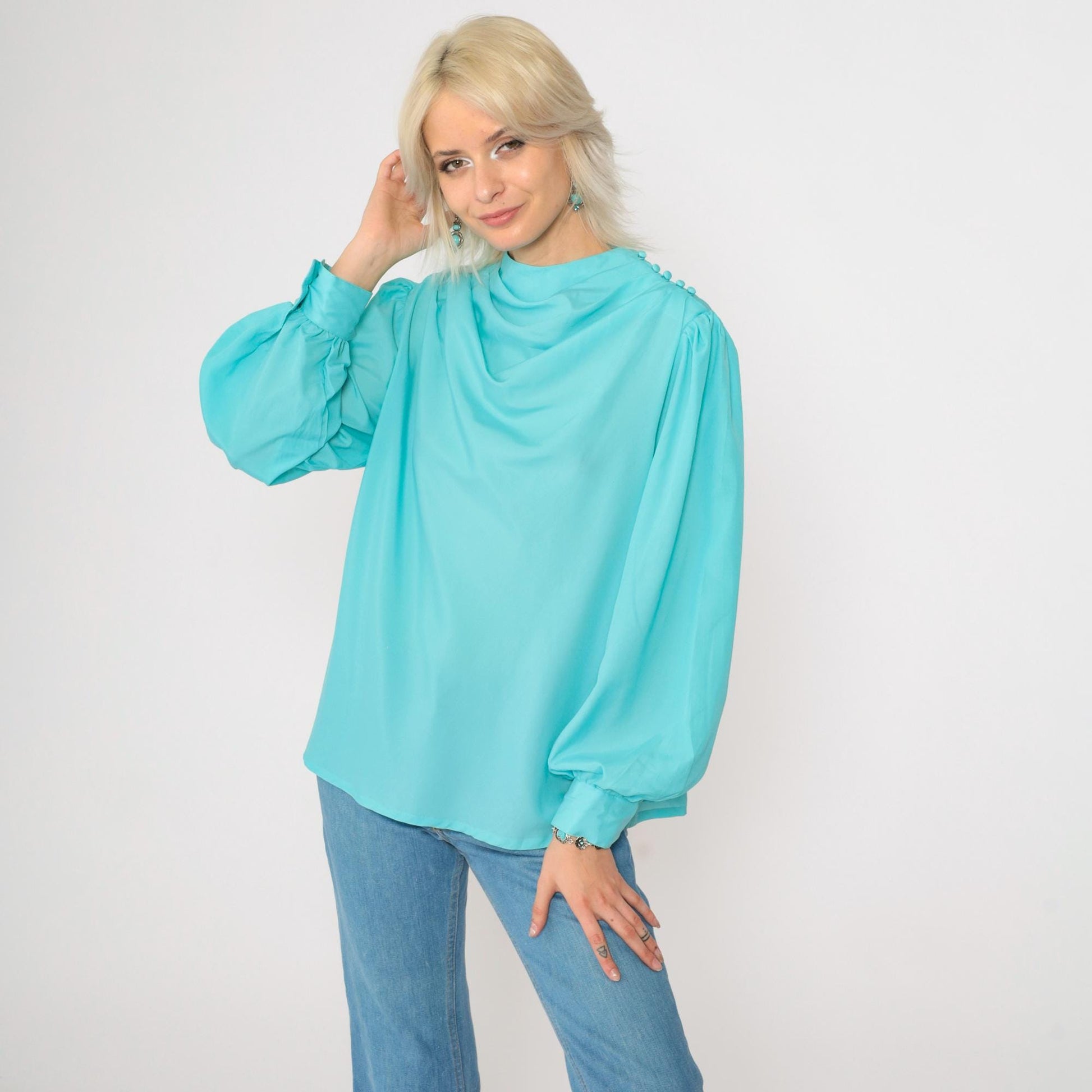 70s Diane Von Furstenberg Cowl Neck Blouse Aqua Blue Long Sleeve Medium
