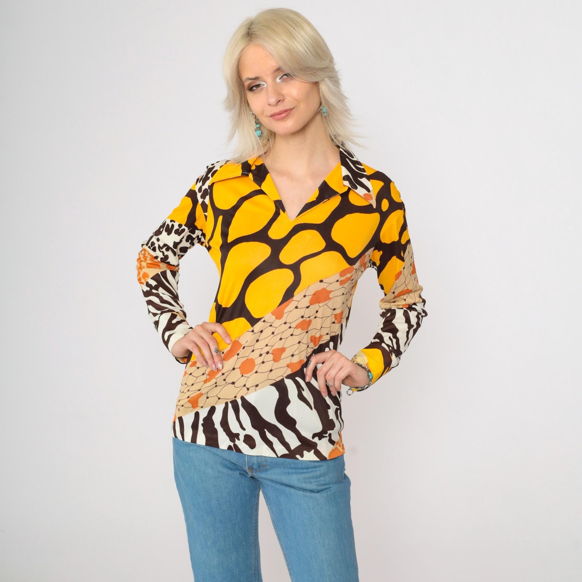 70s Mixed Animal Print Blouse Long Sleeve V-Neck Yellow Brown Small