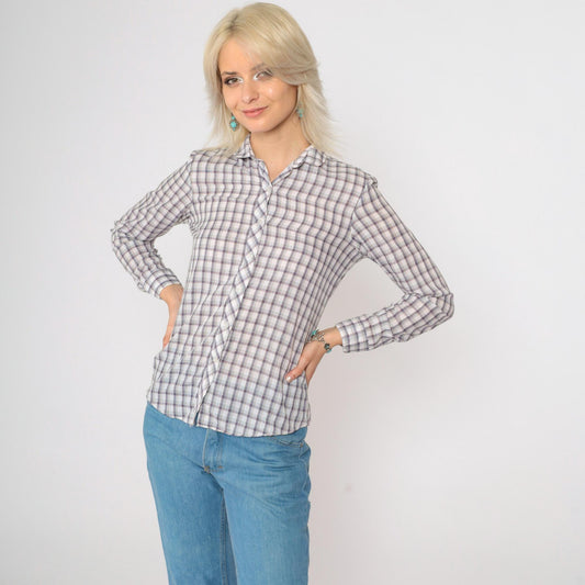 80s Metallic Plaid Button-Up Blouse Long Sleeve Shirt Extra Small XS