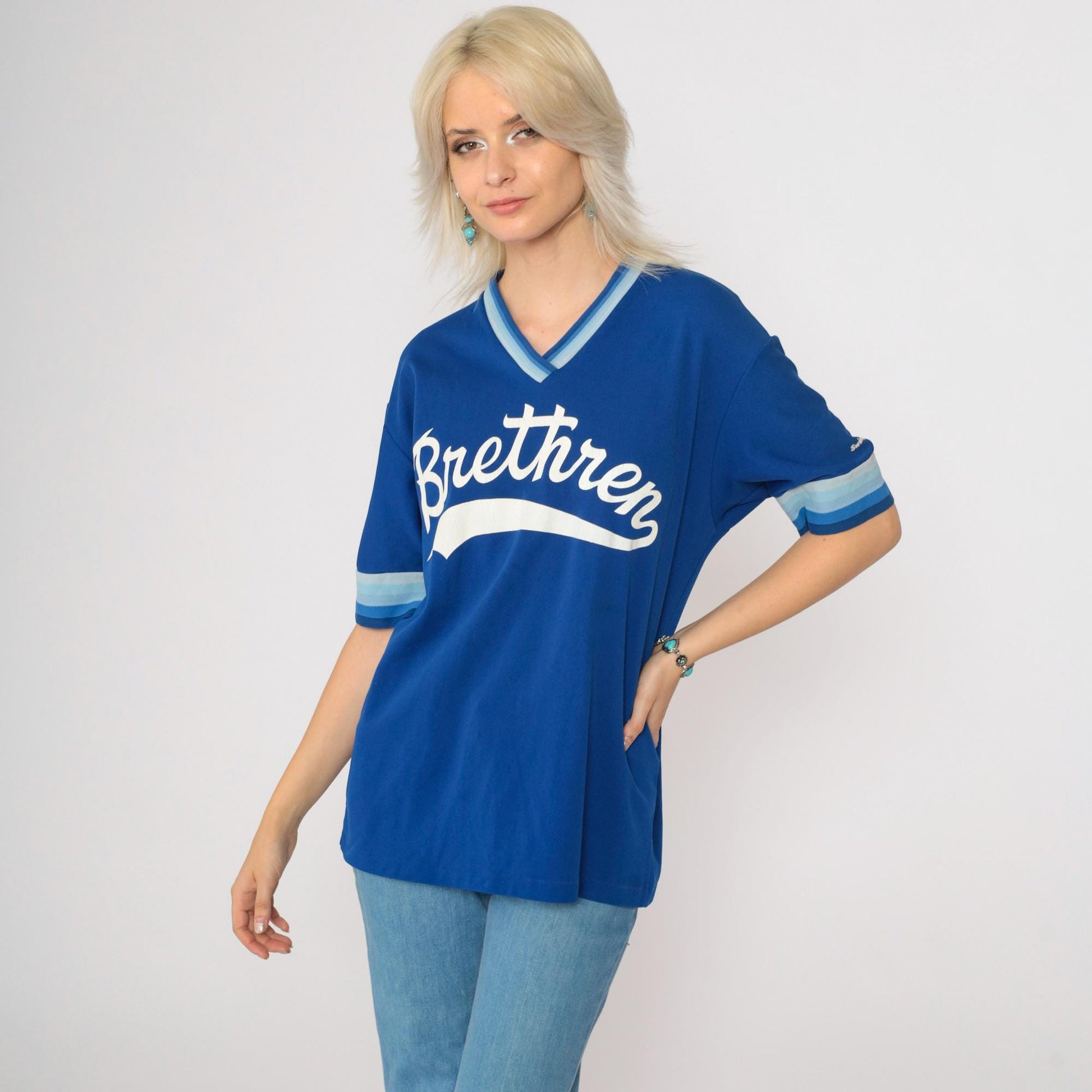 80s Swingster Brethren Baseball Jersey Royal Blue Ringer V-Neck #41 Medium