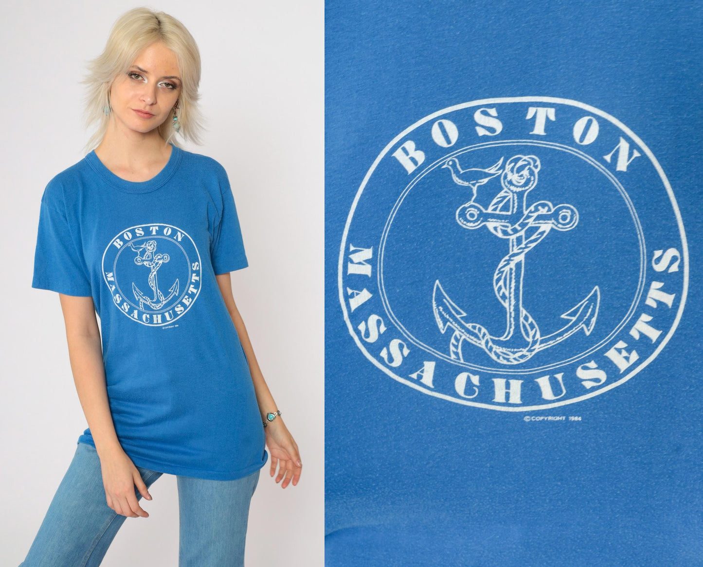 80s Boston Anchor Graphic T-Shirt Blue Single Stitch Tee Small