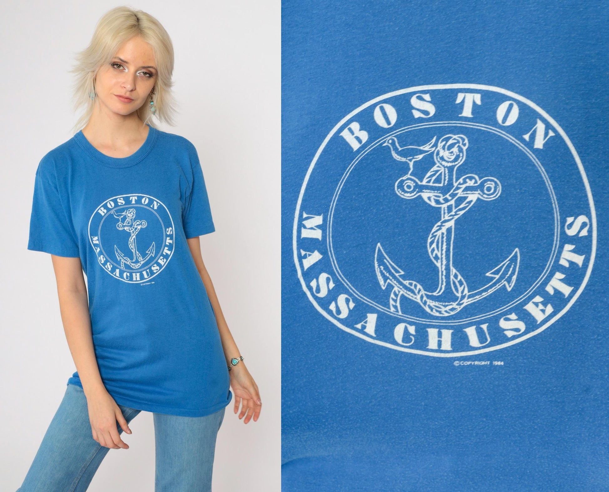 80s Boston Anchor Graphic T-Shirt Blue Single Stitch Tee Small