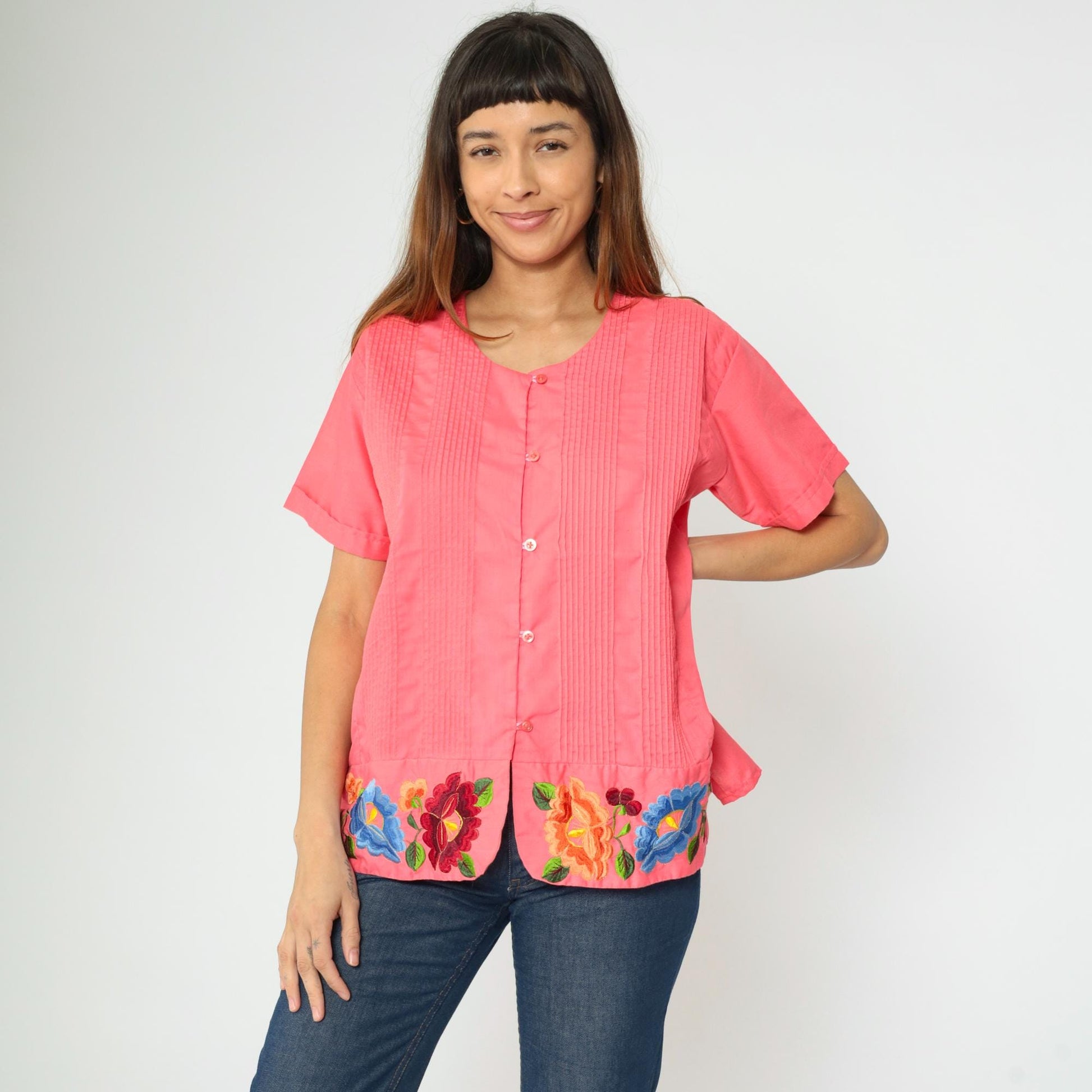 90s Pink Floral Embroidered Button-Up Blouse Pintuck Short Sleeve Medium