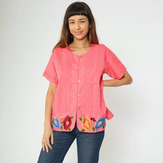 90s Pink Floral Embroidered Button-Up Blouse Pintuck Short Sleeve Medium