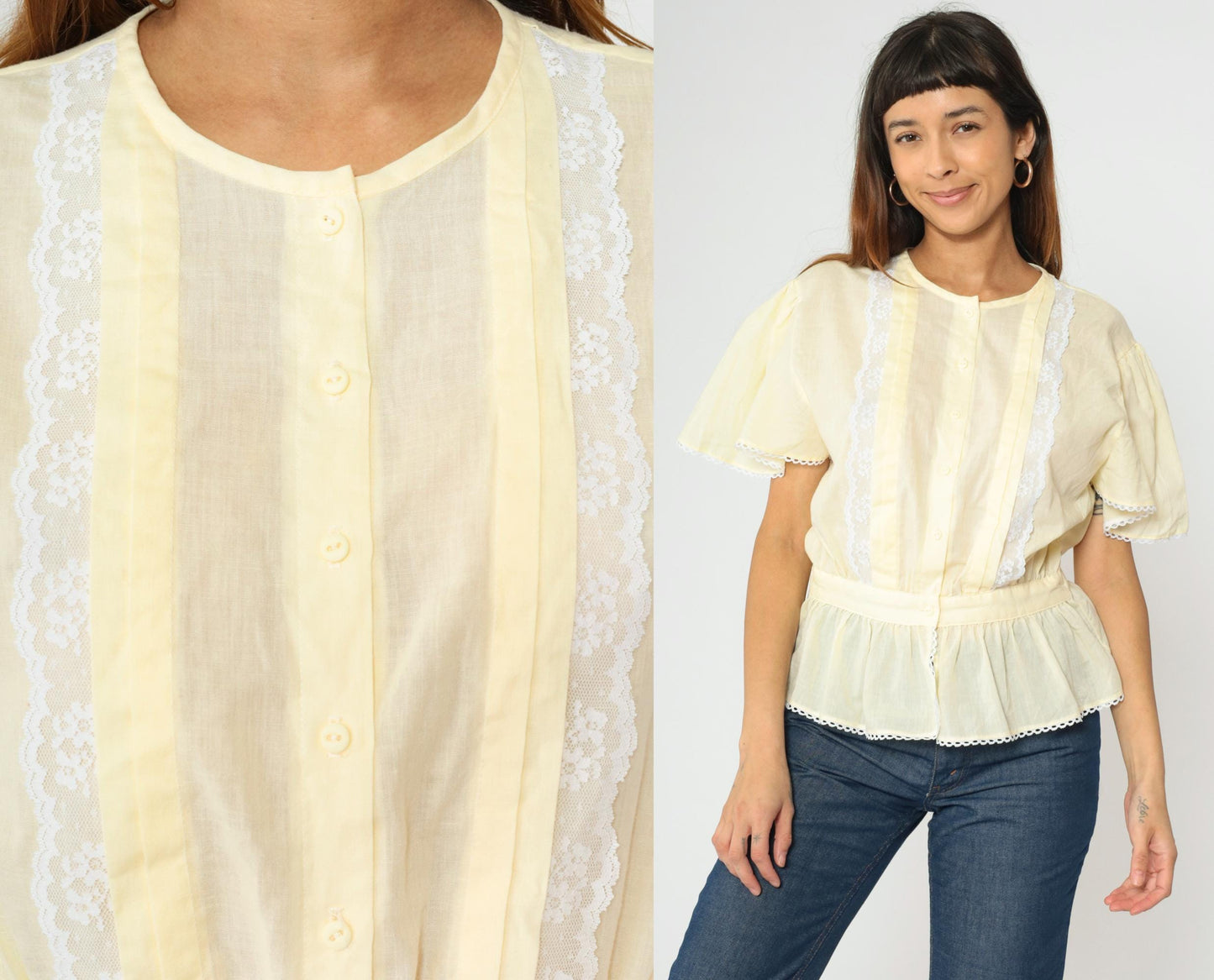 80s Pastel Yellow Puff Sleeve Blouse Lace Trim Peplum Button Up Medium