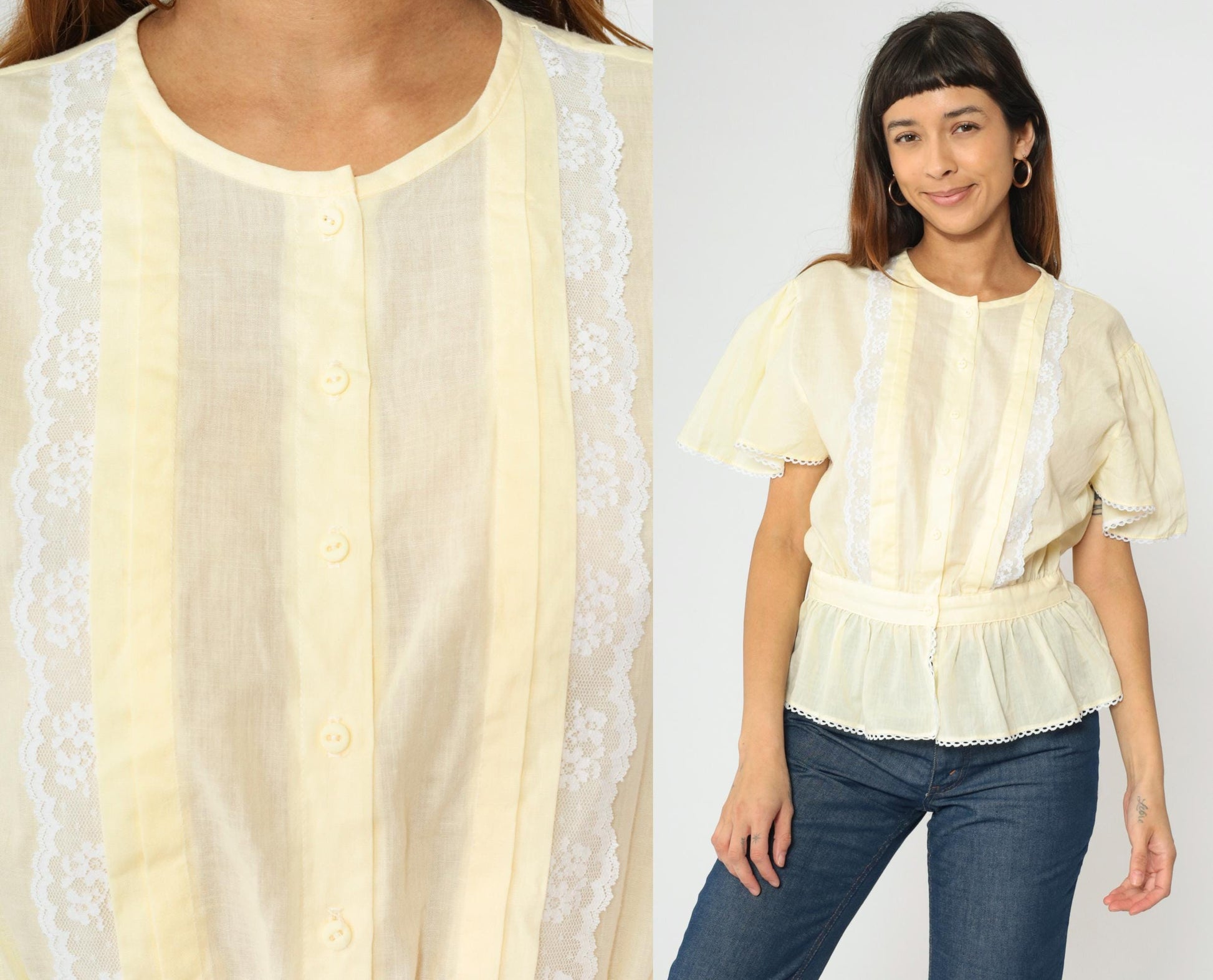 80s Pastel Yellow Puff Sleeve Blouse Lace Trim Peplum Button Up Medium