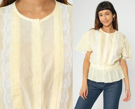 80s Pastel Yellow Puff Sleeve Blouse Lace Trim Peplum Button Up Medium
