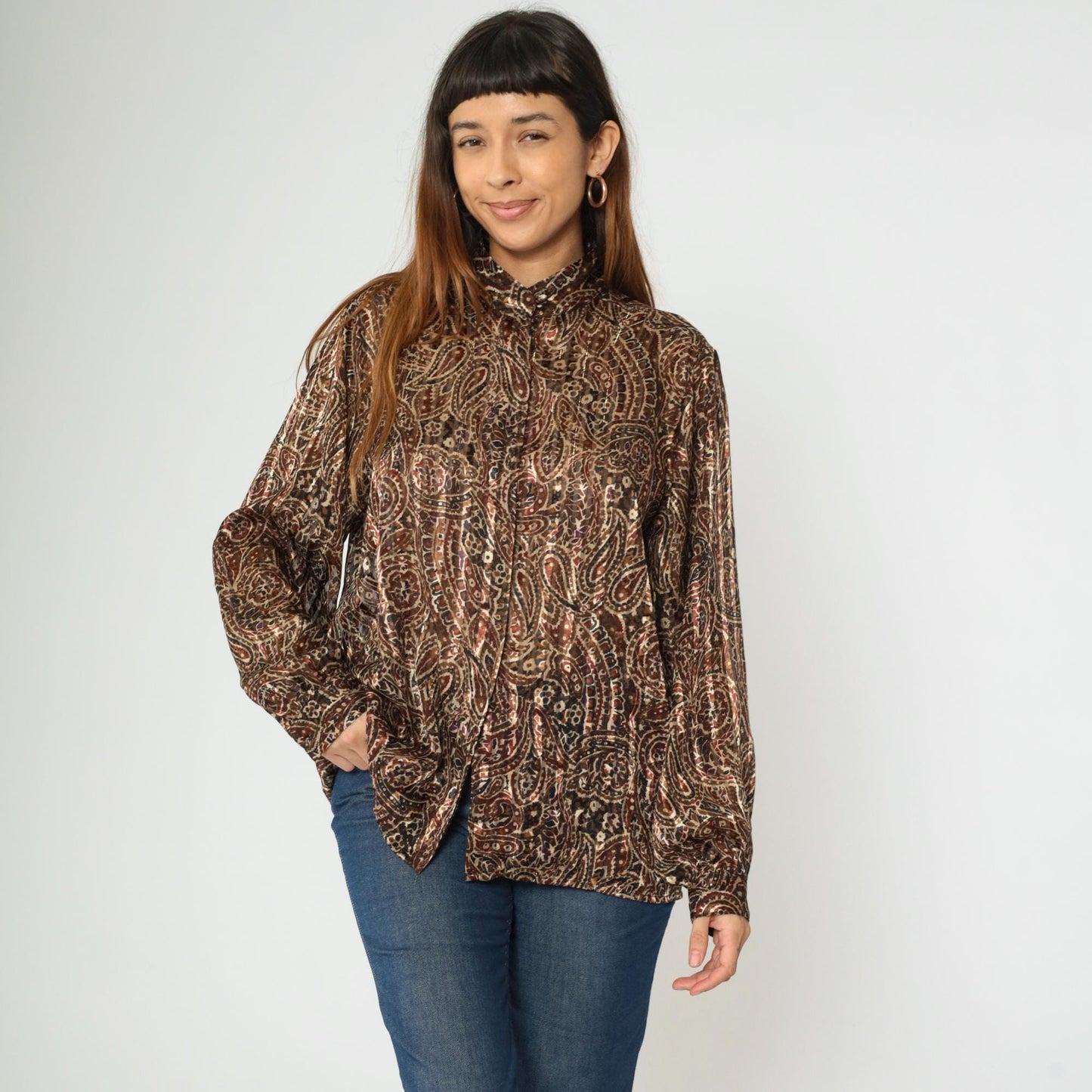 80s Yves St. Clair Paisley Puff Sleeve Blouse Metallic High Collar Large