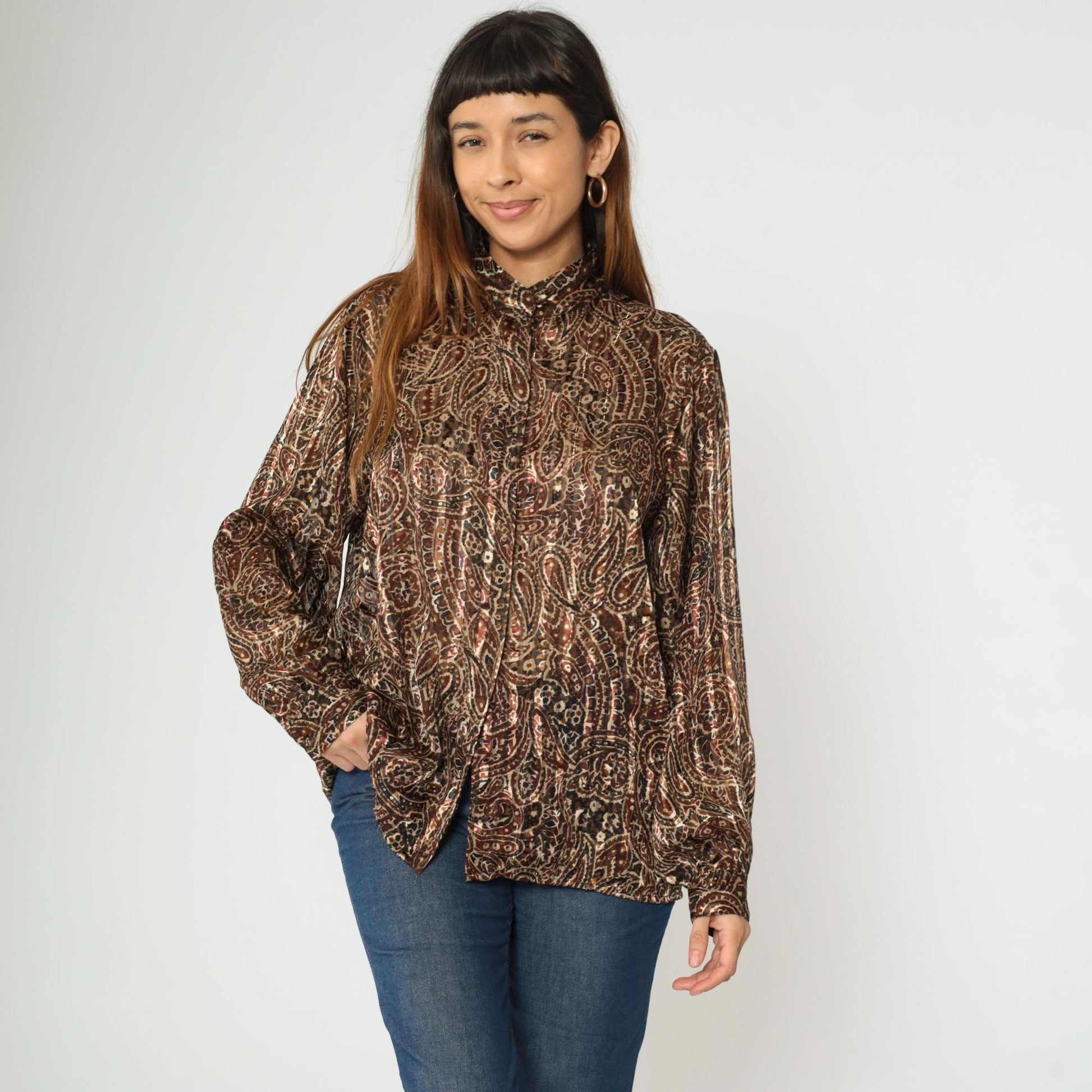 80s Yves St. Clair Paisley Puff Sleeve Blouse Metallic High Collar Large